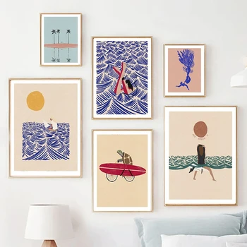 Sažetak na Plaži muškarac Djevojka Val surfati Zid umjetnost Platnu Skandinavski plakat i ispis Krajobrazne zidni paneli za uređenje dnevnog boravka