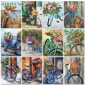 SDOYUNO DIY Painting By Numbers Za Odrasle Cvjetni Bicikl Bojanje Po Brojevima S Okvirom 60x75 cm, Moderni Dekori Za Dom Diy Poklon