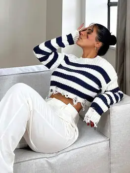 Seksi džemper u traku s кисточками, pulover, ženske elegantne pletene majice s okruglog izreza 2023, Proljeće svakodnevni ženska crno-bijela vanjska odjeća