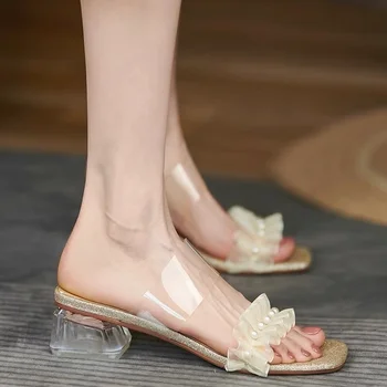 Seksi papuče, ženski ljeto japanke, ženske cipele na prozirnim petama, mondeno cipele, sjajna biserno japanke, sandale-gladijatori