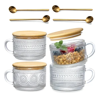 Set od 4 predmeta, Berba kava mugs, kontejneri za zobene pahuljice u noći S bambusom poklopcima i žlice