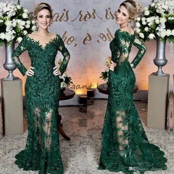 Smaragdno zelena haljina, večernja haljina, Prozirne Čipke aplicirano s dragim kamenom oko vrata, haljine Sirena dugi rukav