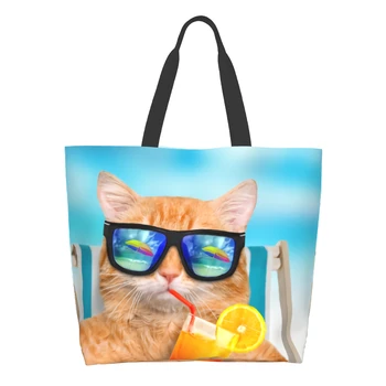 Smiješno mačka u sunčane naočale, shopping bag za višekratnu upotrebu, ljeto plaža torba-тоут, opuštajuće torba preko ramena, casual, lagani, velikog kapaciteta