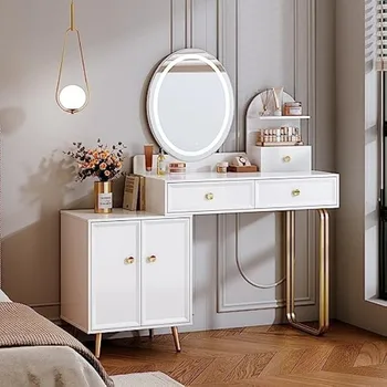 Toaletni stočić za šminkanje, toaletni stočić sa ogledalom sa ogledalom LDE i 2 prostrane ladicama, bijela Moderan toaletni stol za žene