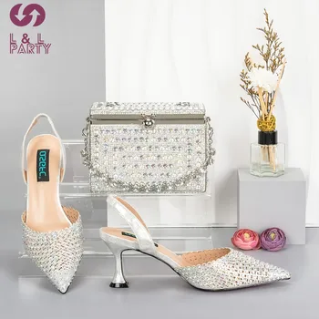 Trendi novi proizvod, ženske cipele i torba afričkog dizajna 2024 godine, srebrne boje, ukrašena šljokicama za zurke
