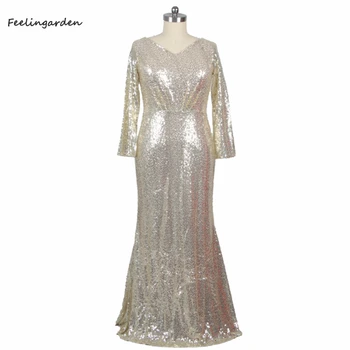 Večernja haljina Feelingarden sa šljokicama, Zlatni V-oblika dekoltea, munja straga, Sirena-cijevi, dužine do poda, velike dimenzije, ženske haljine C070