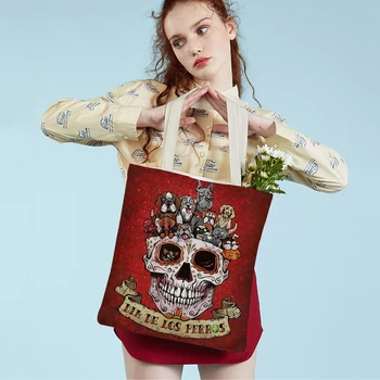 Vintage ženska torba za shopping Day of the Dead višekratnu upotrebu slatka crtani lubanjom i cvjetni dvostrukim po cijeloj površini, svakodnevni холщовая torba-тоут