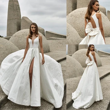 Vjenčanice 2021, seksi čipke, satena haljine s dubokim V-izrez i prorezom sa strane, seksualno vjenčanicu trapeznog oblika s otvorenim leđima i vlak