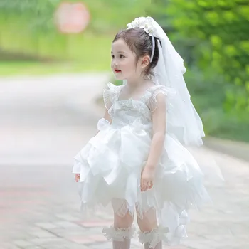 Vjenčanicu s cvjetnim uzorkom za djevojčice, trendy bijela plin haljine za nastupe na klavir, plesnu haljinu za rođendan trapeznog oblika za djevojčice