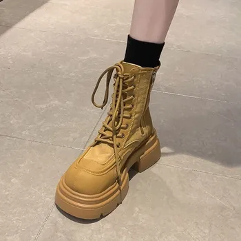 Vojne čizme na masivnoj platformi ženske čizme od umjetne kože čipka-up sprijeda, ženske нескользящие moto cipele u stilu punk s debelim potplatom.