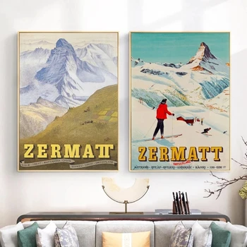Zermatt, Švicarska je Plakati s Маттерхорном, Grafike, Slika Na Platnu, Vintage Ski Klasicni Zidni Crteži, Slike Za Putovanja, Home Dekor Za Dnevni boravak