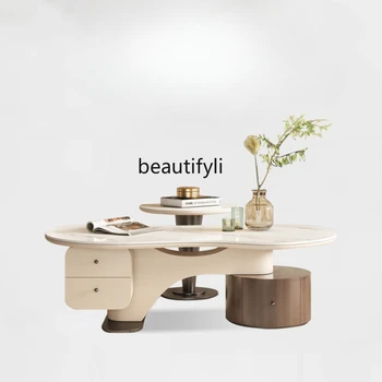 Čaj stol s kamenom pločom u francuskom кремовом stilu, Dizajnerski stol za dnevni boravak u mirnom stilu, lagan Čaj stol u obliku oblaka raskošne oblike