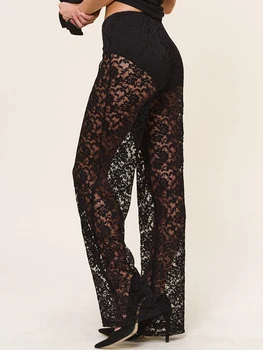 Čipka, prozirni ženske hlače od prozirne mreže s visokim strukom, dovoljno elastične hlače Y2k, vanjska odjeća u gotičkom stilu Grunge