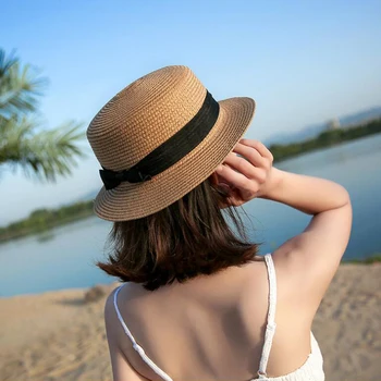 Ženska slamnati šešir sa širokim poljima, plaža šešir sa zaštitom od sunca, slamnati šešir s lukom, svakodnevni ženska panama sa ravnim krovom