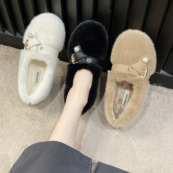 Ženske Kopče Bisera Pliš Cipele 2024 Novi Korejski Moda Zima Izolacija Mekani Potplat Na Ravnim Potplatima Vanjski Trend I Casual Cipele Od Pamuka