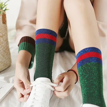 Ženske sjajne čarape Harajuku u strip, Srebrne Brilliant Čarape, Sjajni Slobodni čarape, Funky vanjska odjeća, Spring Tanke čarape srednje dužine