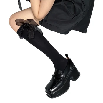 Ženske čarape do telad u gotičkom stilu харадзюку, Lolita, Slatke satin Duge trake s lukom, Кавайные studentski Crno-bijele čarape do koljena