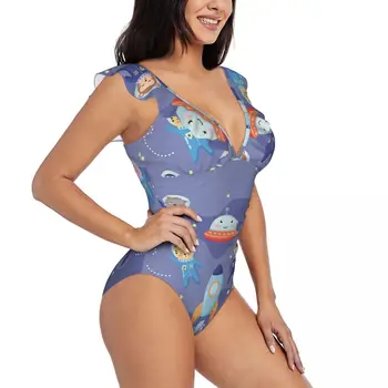 Ženski jednodijelni kupaći kostim Space Animals, komplet ženskih plivačkih bikini, монокини s učinkom push-up, seksi kupaći kostim s рюшами