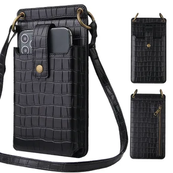 Ženski novčanik sa dijagonalom pakiranjem, torbicu s крокодиловым uzorkom, crna, u retro stilu, može se postaviti višenamjenski mobilni telefon