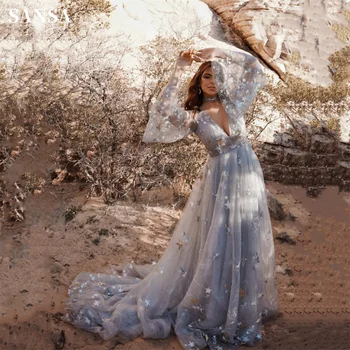 Фатиновое haljinu za prom Sansa Mystical 2023, Vestidos De Noche Trapeznog oblika, s rukava-truba, Otvorenim leđima, iz Zvjezdanog Neba Sive boje